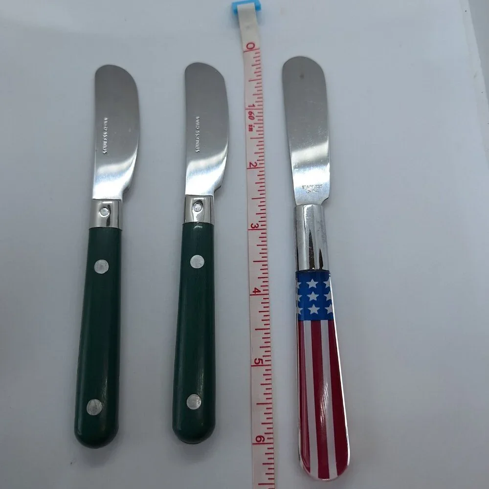 Lot of 3 Vintage‎ Stainless Steel Butter Spreaders Forest Green & American Flag